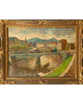 2047-JACINTO OLIVÉ (Barcelona, 1896-1967) Vista de la ría de Bilbao" Òleo sobre lienzo Firmado Medidas: 56 x