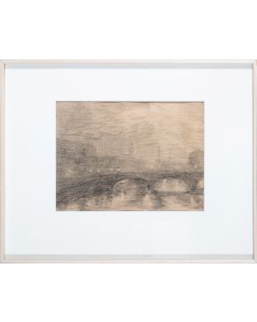 2029-YVONNE RIPA DE ROVEREDO (Francia 1882-1976) Puente de París" Carboncillo y lápiz sobre papel adherido a cartó
