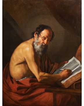 519-ESCUELA DE JOSÉ DE RIBERA (Játiva, Valencia, 1591 - Nápoles, 1652) Hacia 1615 San Jerónimo" Óleo sobre lien