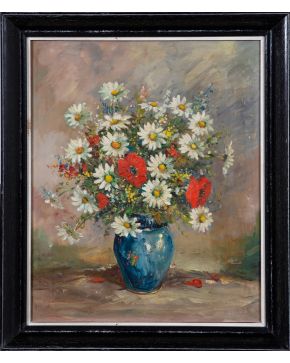 2050-GRUNWALD ALSGE ESTEBAN (Hungría 1909-1960) Jarrón con margaritas y amapolas" Óleo sobre lienzo Firmado 