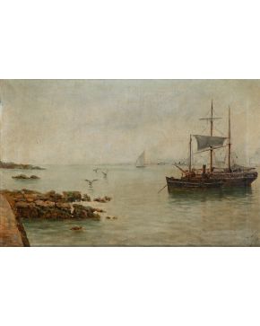 403-ESCUELA ESPAÑOLA 1889 “Barco llegando a puerto” Óleo sobre lienzo  Firmado: J. Román" Medidas: 28 x 4