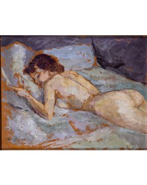 2051-NOEMÍ BOISSONADE S. XX “Mujer tumbada de espaldas” Óleo sobre lienzo Firmado ángulo inferior izquierdo: