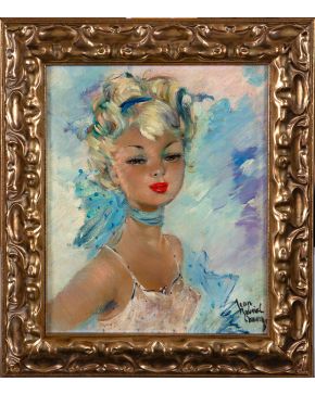 20-JEAN GABRIEL DOMERGUE ( Burdeos, Francia 1889- París, Francia 1962) Portrait de jeune fille blonde" Óleo sobre 