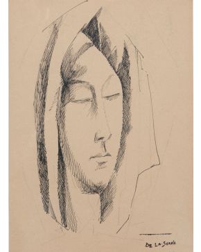 18-ISMAEL GONZÁLEZ DE LA SERNA (Guadix 1898-París 1968) Dama con velo".  Dibujo a lápiz y plumilla sobre papel 