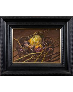 395-CONRADO MESEGUER MUÑOZ. (1946-2017) Cesta con higos y uvas" Óleo sobre lienzo Medidas: 30 x 40 cm"