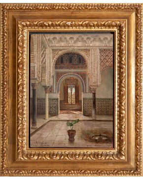 359-ENRIQUE ROLDÁN (XIX-XX) “Alcázar de Sevilla” Óleo sobre tabla  Medidas: 30 x 22 cm. 