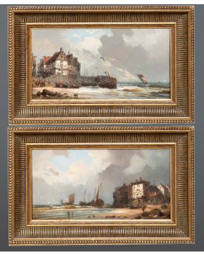 374-STEVENS 1828-1906 “Pareja de marinas en el puerto” Óleo sobre tabla Medidas: 18 x 34 cm. 
