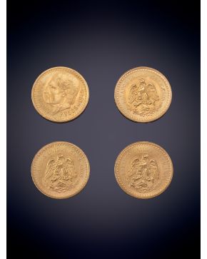 849-CUATRO MONEDAS 2,50 PESOS MEXICANOS EN ORO AMARILLO DE 18K.