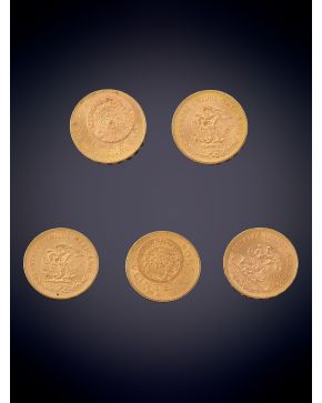 851-CINCO MONEDAS 20 PESOS MEXICANOS EN ORO AMARILLO DE 18K.