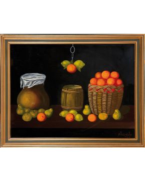 2007-EMILIANO ALVARADO LAGO (León, S. XX) Bodegón de frutas"". 1978 Óleo sobre tabla Firmado y fechado Medidas: