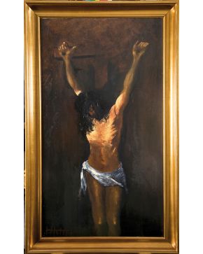 2009-JUAN VALENZUELA Y CHACÓN (Madrid, 1932) El Cristo"" 1966 Óleo sobre tablex. Al dorso firmado, fechado y titulado.