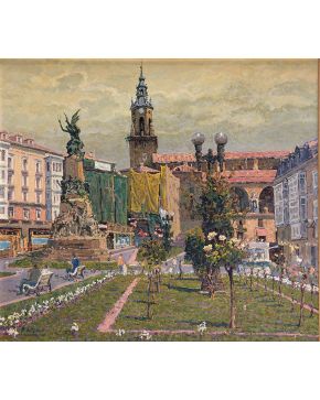 2025-MANUEL DE GRACIA (Mora, Toledo 1937-2017) Plaza de la Virgen Blanca, Vitoria"" Óleo sobre lienzo Firmado  Tambi