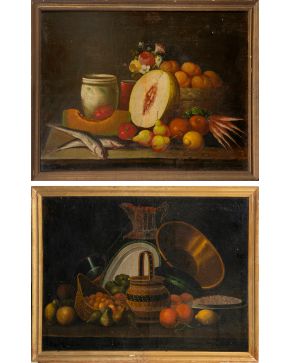 2048-ESCUELA ESPAÑOLA S. XIX Pareja de Bodegones de frutas, hortalizas y cacharros"". Óleo sobre lienzo. Medidas: 69 x 90