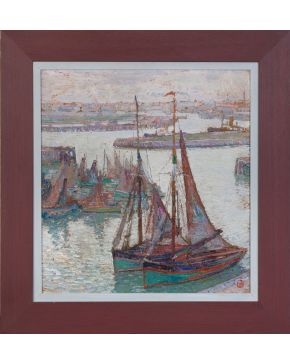 25-LÉON DE SMET (Gante, Bélgica 1881-1966) Bateaux au port (Ostende, barcos en el puerto)"". 1922 Óleo sobre tabla Firmado