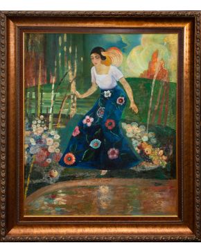 22-FRANCISCO ITURRINO (1864-1924) "Dama en un paisaje".c. 1985 Óleo sobre lienzo
