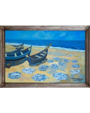 6-NÚRIA LLIMONA (Barcelona 1917 - 2011) Playa con barcas y pesca"" Óleo sobre tabla Firmado También al dorso firmado