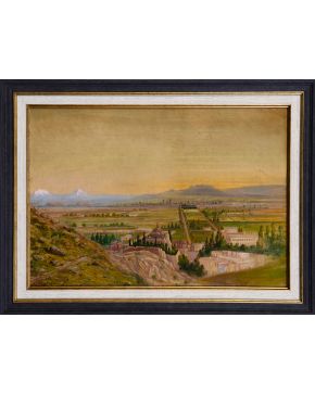 7-ALEXANDER VINCENT (México, activo entre 1800-1910) Valle de México, Popocatepetl y Iztaccihuatl"". 1909 Óleo sobre cartón