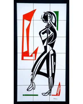 54-LUIS SEOANE (Buenos Aires 1910- La Coruña 1979) Campesina"" Cerámica vidriada (azulejo) sobre tabla Firmado Medidas: