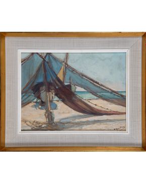 2-HELIODORO GUILLÉN (Alicante 1863 - Madrid 1940) Playa"" Óleo sobre tabla Firmado Medidas: 20 x 36 cm.""