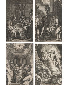 2050-ESCUELA ALEMANA S. XVIII Escenas de la vida de Cristo "" Lote de 6 grabados con escenas como Anunciación, Nacimiento, P