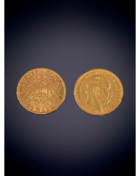 888-DOS MONEDAS 20 MARCOS 1909 Y 1875 EN ORO AMARILLO DE 18K. 