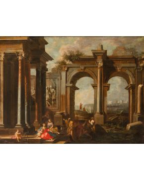 729-ALBERTO CARLIERI (Roma, 1672-1720) Capricho arquitectónico con santo predicando" Óleo sobr