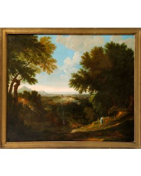 728-CÍRCULO DE GASPARD DUGHET  (Roma, 1615 -1675)  Paisaje con Abraham e Isaac" Óleo sobre lie