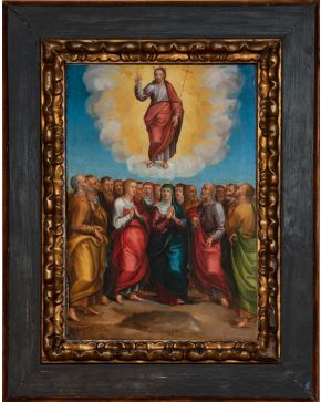 2114-ESCUELA ESPAÑOLA, S.XVI  Ascensión de Cristo" Óleo sobre tabla. Medidas: 43 x 30 cm."
