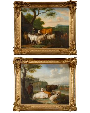 708-JAN VAN GOOL (La Haya, 1685-1763)  "Pareja de tablas con vacas y ovejas" 1724