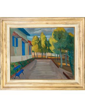 1211-EMILIO VARELA (Alicante 1887-1951) "Paisaje con casa, camino y árboles" Óleo sobre tablex