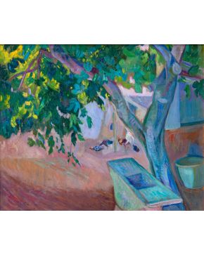 1221-EMILIO VARELA (Alicante 1887 -1951)  Patio con árbol, pila y patos" Óleo sobre lienzo 