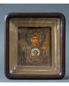 72-ICONO GRIEGO ORTODOXO, C. 1900 Virgen María de Vlachernon" Óleo, temple y metal dorado. En 