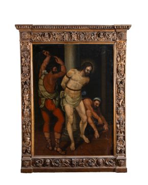 2112-ESCUELA ESPAÑOLA, S. XVII Flagelación de Cristo" Óleo sobre lienzo. Medidas: 190 x 130
