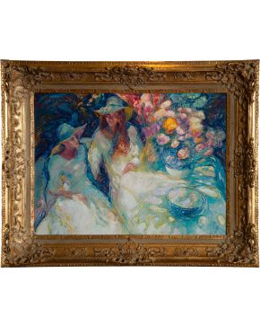 81 A-BELTRÁN BOFILL (1934-2009) Dos mujeres junto a una mesa de flores" Óleo sobre lienzo. 