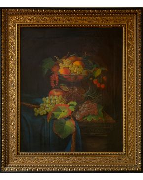 88-ESCUELA ESPAÑOLA, S. XIX Bodegón de frutas" Óleo sobre lienzo. Medidas: 75 x 62 cm. 