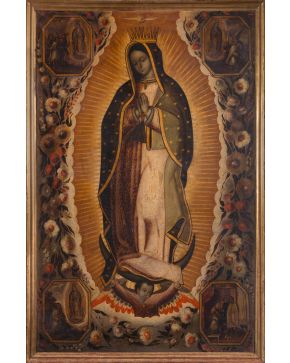 742-ATRIBUIDO A MANUEL DE ARELLANO (activo en México entre 1692-1721) Virgen de Guadalupe con esc