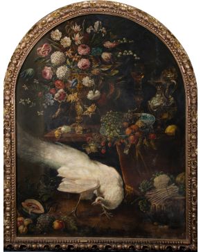 34-ESCUELA FLAMENCA, S. XVII "Bodegón con pavo real, frutas y flores" Óleo sobre lienzo. Me
