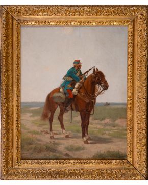 42-F. GOMEZ, S. XIX "Militar a caballo" Óleo sobre lienzo. Medidas: 59 x 47 cm.  Firm