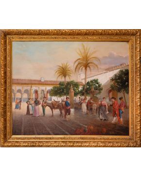 48-MANUEL CABRAL BEJARANO (Sevilla, 1827-1891) Patio de naranjos" Óleo sobre lienzo. Medida