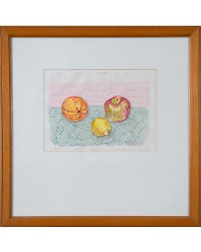 1298-SALVO (Leonforte, Italia 1947-Turín 2015) Bodegón con manzana, naranja y limón". 1983 Tin