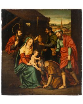 751-NICOLÁS BORRÁS FALCÓ (Concentaina, ca. 1530-Cotalba, 1610) Adoración de los Magos" Óleo so