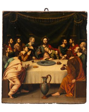 750-NICOLÁS BORRÁS FALCÓ (Concentaina, ca. 1530-Cotalba, 1610) Última Cena" Óleo sobre tabla.