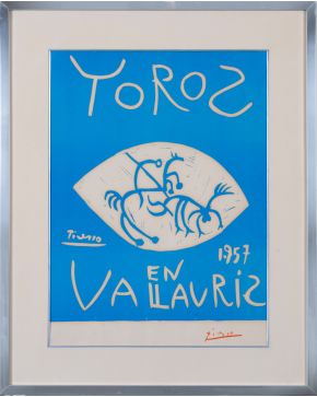 1203-PABLO PICASSO (Málaga 1881-Mougins 1973) Toros en Vallauris". 1957 Linograbado en color a