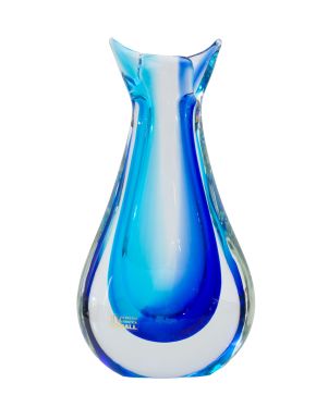 1411-Jarrón Oball Tonos Azules, Italia.c. 1970 Jarrón en cristal de Murano combinado en dos tonos