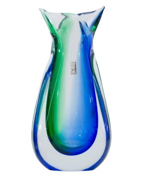 1412-Jarrón Oball Tonos Azules, Italia.c. 1970 Jarrón en cristal de Murano combinado en dos tonos