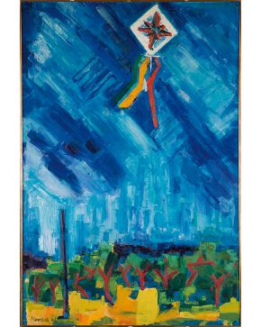 2013-JEAN-JACQUES MORVAN (París 1928-2007)  Le cert-volant". 1962 Óleo sobre lienzo Firmado y fechado También al dorso firmado, 