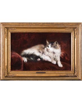 460-FRANCISCO DOMINGO MARQUÉS (Valencia, 1842 - Madrid, 1920)  Gato en un diván"  Óleo sobre lienzo. Firmado en el ángulo superior 
