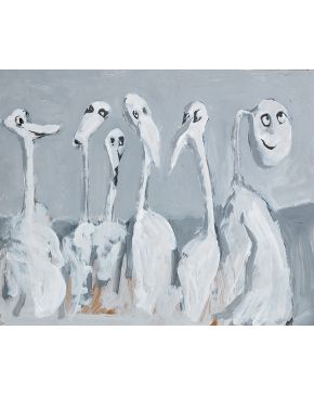 2002-DAVID SEATON (Yorkshire 1944) Group of twits". 1982  Gouache sobre tablex Firmado, fechado y titulado al dorso "Group of twits