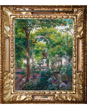 484-MANUEL GARCÍA Y RODRÍGUEZ (Sevilla, 1863- 1925) “Jardín andaluz” 1923 Óleo sobre lienzo. Medidas: 60 x 50 cm. Firmado áng