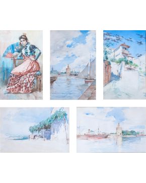 427-ISIDORO MARIN (Granada, 1863-1926) Torre del Oro", "Barcos en el Guadalquivir", "Burro y parral", "Gitana sentada", "Rincón andaluz" 